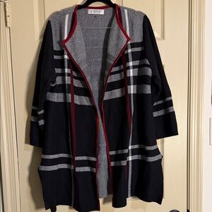 Kasper Black and Gray Knit Cardigan with Red Trim A155